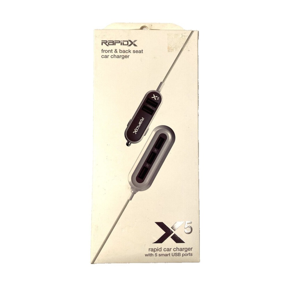 NEW rapidX front to back seat 5 smart USB ports car charger 5 FT cord X5 BLACK